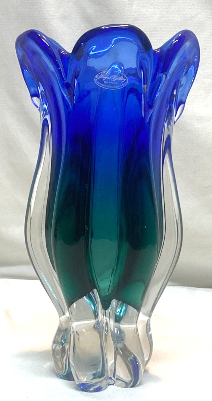 Vintage Royal Gallery Poland Art Glass Tulip Vase 10” Blue Green With Sticker